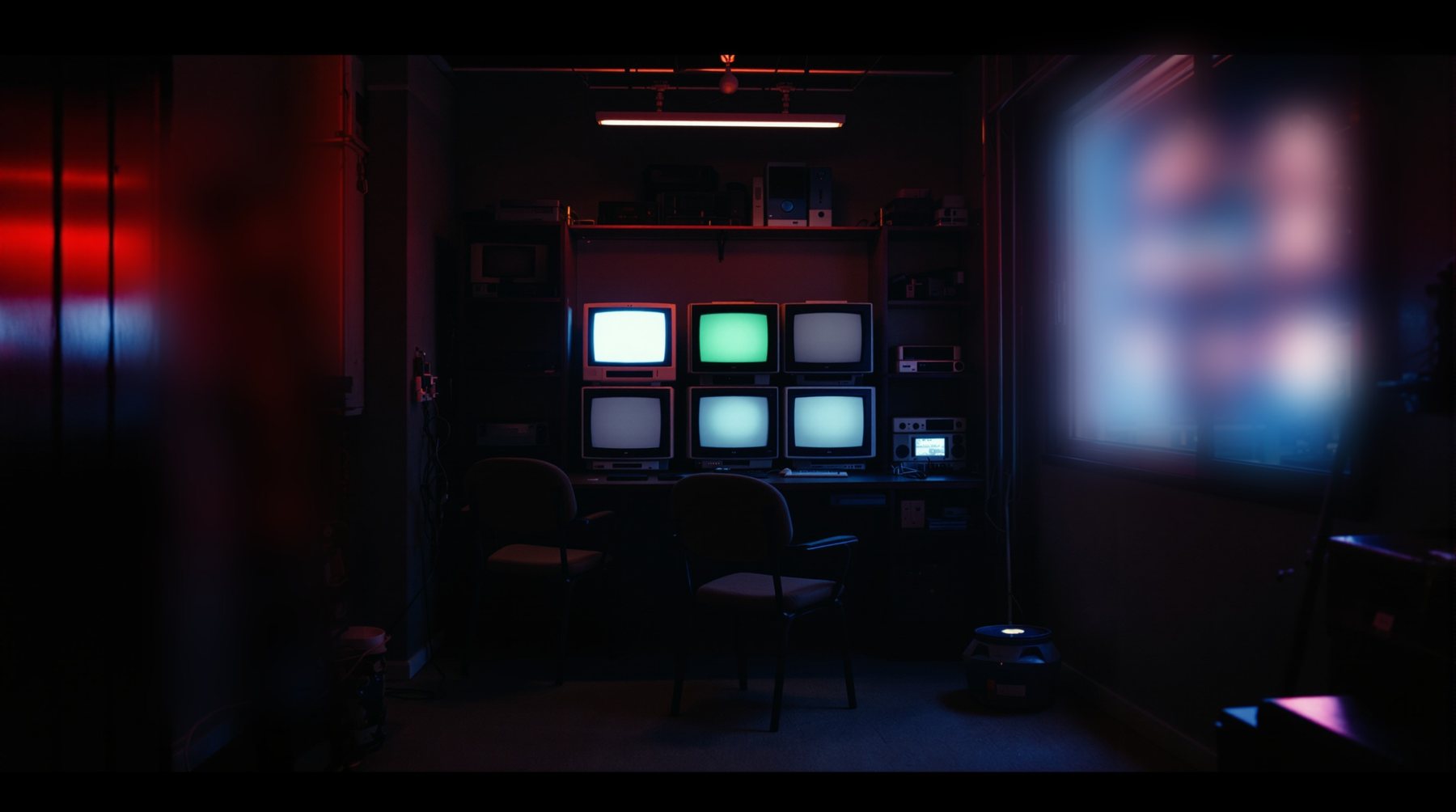 The Unit 500 set: a back room above an arcade street, with stacked old monitors and red and blue neon